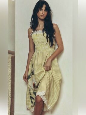 Anthropologie Yellow Striped Floral Midi Dress with Lace
